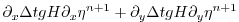 $\displaystyle \partial_x \Delta t g H \partial_x \eta^{n+1}
+ \partial_y \Delta t g H \partial_y \eta^{n+1}$