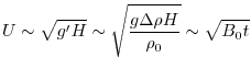 $\displaystyle U \sim \sqrt{g' H} \sim \sqrt{ \frac{g \Delta \rho H}{\rho_0} } \sim \sqrt{B_0 t}$