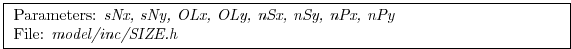 \fbox{
\begin{minipage}{4.75in}
Parameters: {\em sNx, sNy, OLx, OLy, nSx, nSy, nPx, nPy} \\
File: {\em model/inc/SIZE.h}
\end{minipage}}