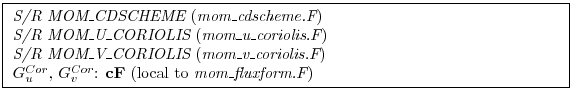 \fbox{ \begin{minipage}{4.75in}
{\em S/R MOM\_CDSCHEME} ({\em mom\_cdscheme.F})
...
...^{Cor}$, $G_v^{Cor}$: {\bf cF} (local to {\em mom\_fluxform.F})
\end{minipage} }