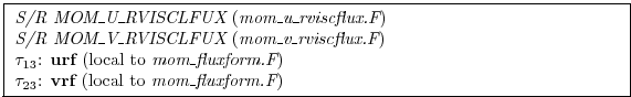 \fbox{ \begin{minipage}{4.75in}
{\em S/R MOM\_U\_RVISCLFUX} ({\em mom\_u\_rviscf...
...})
\par
$\tau_{23}$: {\bf vrf} (local to {\em mom\_fluxform.F})
\end{minipage} }