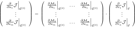 \begin{displaymath}
\left(
\begin{array}{c}
\left. \frac{\partial}{\partial u_1}...
...al v_n} {\cal J} \right\vert _{\vec{v}} \\
\end{array}\right)
\end{displaymath}