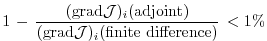 $\displaystyle 1 \, - \,
\frac{({\rm grad}{\cal J})_i (\text{adjoint})}
{({\rm grad}{\cal J})_i (\text{finite difference})} \, < 1 \%
$