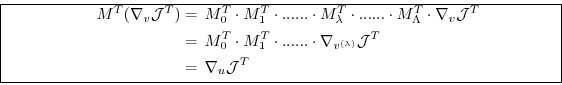 \begin{equation*}\boxed{ \begin{split}M^T ( \nabla_v {\cal J}^T) & = \, M_{0}^T ...
...ambda)}} {\cal J}^T \\ ~ & = \, \nabla_u {\cal J}^T \end{split} }\end{equation*}