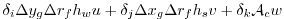 $\displaystyle \delta_i \Delta y_g \Delta r_f h_w u +
\delta_j \Delta x_g \Delta r_f h_s v +
\delta_k {\cal A}_c w$