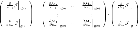 \begin{displaymath}
\left(
\begin{array}{c}
\left. \frac{\partial}{\partial u_1}...
...al v_n} {\cal J} \right\vert _{\vec{v}} \\
\end{array}\right)
\end{displaymath}