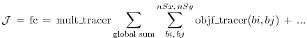 $\displaystyle {\cal J} \, = \, {\rm fc} \, = \, {\rm mult\_tracer} \sum_{\text{global sum}} \sum_{bi,\,bj}^{nSx,\,nSy} {\rm objf\_tracer}(bi,bj) \, + \, ...$