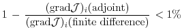 $\displaystyle 1 \, - \,
\frac{({\rm grad}{\cal J})_i (\text{adjoint})}
{({\rm grad}{\cal J})_i (\text{finite difference})} \, < 1 \%
$