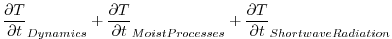 $\displaystyle \frac{\partial T}{\partial t}_{Dynamics} + \frac{\partial T}{\partial t}_{Moist Processes} + \frac{\partial T}{\partial t}_{Shortwave Radiation}$