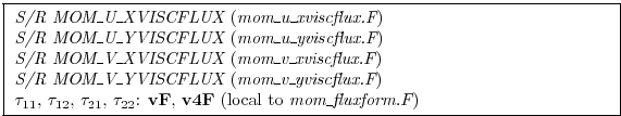 \fbox{ \begin{minipage}{4.75in}
{\em S/R MOM\_U\_XVISCFLUX} ({\em mom\_u\_xviscf...
...tau_{22}$: {\bf vF}, {\bf
v4F} (local to {\em mom\_fluxform.F})
\end{minipage} }