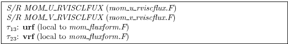 \fbox{ \begin{minipage}{4.75in}
{\em S/R MOM\_U\_RVISCLFUX} ({\em mom\_u\_rviscf...
...})
\par
$\tau_{23}$: {\bf vrf} (local to {\em mom\_fluxform.F})
\end{minipage} }