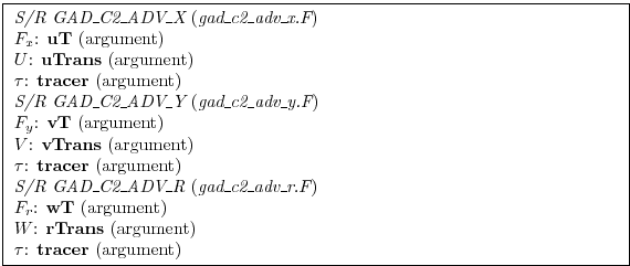 \fbox{ \begin{minipage}{4.75in}
{\em S/R GAD\_C2\_ADV\_X} ({\em gad\_c2\_adv\_x....
...bf rTrans} (argument)
\par
$\tau$: {\bf tracer} (argument)
\par
\end{minipage} }