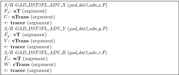 \fbox{ \begin{minipage}{4.75in}
{\em S/R GAD\_DST3FL\_ADV\_X} ({\em gad\_dst3\_a...
...bf rTrans} (argument)
\par
$\tau$: {\bf tracer} (argument)
\par
\end{minipage} }