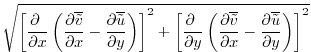 $\displaystyle \sqrt{\left[{\frac{\partial{\ }}{\partial{x}}}
\left({\frac{\par...
...{x}}}
-{\frac{\partial{\overline{{\tilde u}} }}{\partial{y}}}\right)\right]^2}$