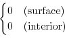 \begin{displaymath}\begin{cases}
0 & \text{(surface)} \\
0 & \text{(interior)}
\end{cases}\end{displaymath}