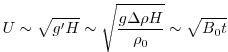 $\displaystyle U \sim \sqrt{g' H} \sim \sqrt{ \frac{g \Delta \rho H}{\rho_0} } \sim \sqrt{B_0 t}$