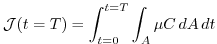 $\displaystyle {\cal J}(t=T)=\int_{t=0}^{t=T}\int_{A} \mu C \, dA \, dt$
