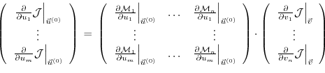 \begin{displaymath}
\left(
\begin{array}{c}
\left. \frac{\partial}{\partial u_1}...
...al v_n} {\cal J} \right\vert _{\vec{v}} \\
\end{array}\right)
\end{displaymath}