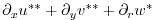 $\displaystyle \partial_x u^{**} + \partial_y v^{**} + \partial_r w^{*}$