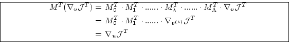 \begin{equation*}\boxed{ \begin{split}M^T ( \nabla_v {\cal J}^T) & = \, M_{0}^T ...
...ambda)}} {\cal J}^T \\ ~ & = \, \nabla_u {\cal J}^T \end{split} }\end{equation*}