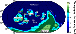 Late Ordovician-early Silurian continental reconstruction interpolated on the MITgcm cubed sphere grid: AAC: Arctic Alaska-Chukotka, KO: Kolyma-Omolon, A: Avalonia, T: Tarim, NC: North China, SC: South China, An: Annamia. Ocean names are in italics - image courtesy A. Pohl