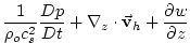 $\displaystyle \frac{1}{\rho _{o}c_{s}^{2}}\frac{Dp}{Dt}+\mathbf{\nabla }_{z}\cdot \vec{
\mathbf{v}}_{h}+\frac{\partial w}{\partial z}$