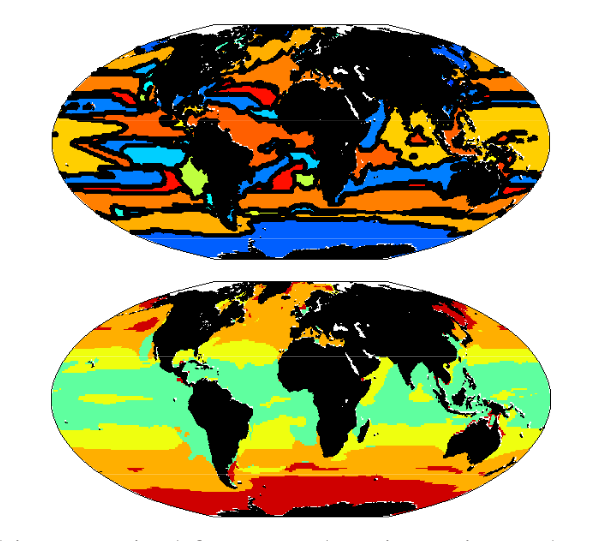Figure 1: Multiple-Resource Experiment. (top) Emergent biogeographical provinces, defined by most dominant species, reminiscent of Longhurst (1995). (bottom) Biogeography of four major functional groups: (i) Diatom-analogs (red), (ii) other large phytoplankton (orange), (iii) <i>Prochlorococcus</i>-analogs (green), and (iv) other small phytoplankton (yellow-green).
