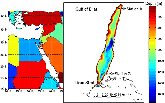 (left) The area of study indicated by the inset, (right) with the gulf bathymetry also shown. Also indicated are stations A and G and the Straits of Tiran - source: Biton et al. (2011)