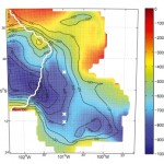 Bedrock bathymetry (m) in color and water column thickness (contours, 100 m intervals) of the (1/32)◦ (900 ± 30 m) horizontal resolution model. The white contour indicates the ice edge, the white crosses the position of three hypothetical drilling sites - source: Heimbach and Losch, 2012