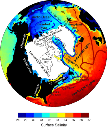 The drainage pathways of meltwater stored in glacial lakes located along the southern margin of the Laurentide Ice Sheet. From Figure 1 of Condron and Refrew, 2013